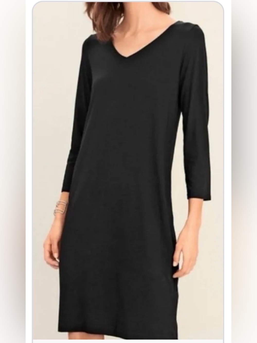 Eileen Fisher Viscose 3/4 sleeve 
Jersey V-Neck Shift Dress black Xs/TP $168
